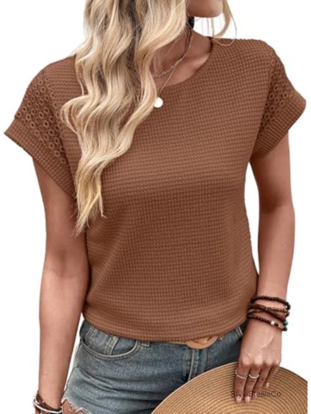 Waffle Knit Lace Hollow Out Short Sleeve Tee Crewneck Loose Fit Summer Top